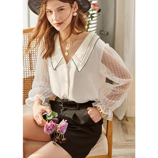 欧芮儿娃娃领网纱长袖雪纺衬衫女新款设计感小众上衣港风 商品图3