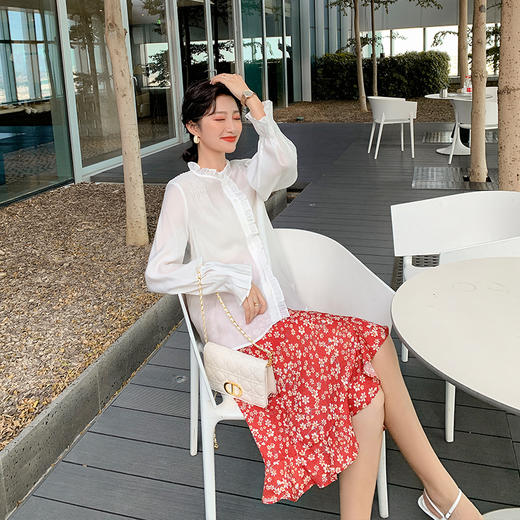 欧芮儿荷叶边长袖雪纺衬衫女早新品喇叭袖衬衣百搭白色上衣 商品图1