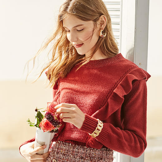 欧芮儿酒红色毛衣女新款圆领荷叶边套头打底衫内搭上衣 商品图1