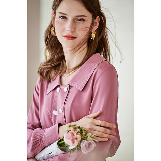 欧芮儿长袖衬衫女新款韩版百搭玫红色衬衣设计感小众上衣 商品图2