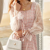 欧芮儿法式优雅网纱拼接格子连衣裙女方领中长裙女 商品缩略图3