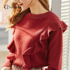 欧芮儿酒红色毛衣女新款圆领荷叶边套头打底衫内搭上衣