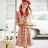 欧芮儿复古格子衬衫领连衣裙女新荷叶边裙摆长袖鱼尾裙女 商品缩略图0