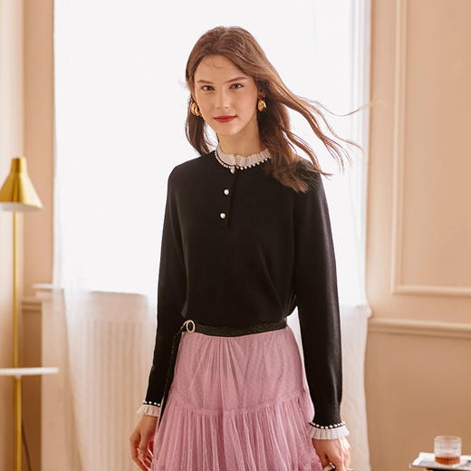 欧芮儿半高领针织衫女新品修身蕾丝拼接黑色打底衫上衣 商品图1