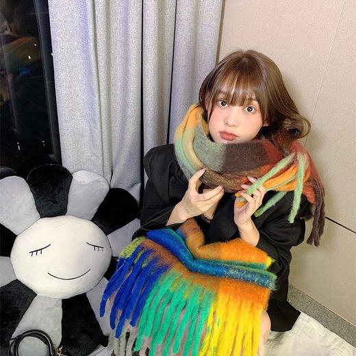 ins秋冬季马海毛拼色彩虹围巾女英伦风格子保暖长款披肩围脖学生 商品图3