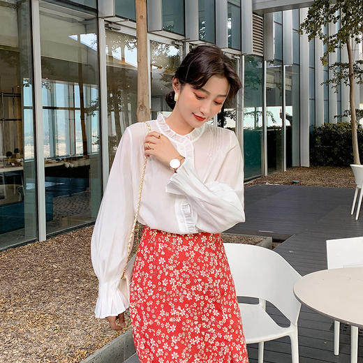 欧芮儿荷叶边长袖雪纺衬衫女早新品喇叭袖衬衣百搭白色上衣 商品图0