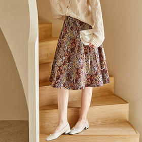 欧芮儿复古花朵提花半身裙女2022夏季新款高腰中长款碎花A字伞裙