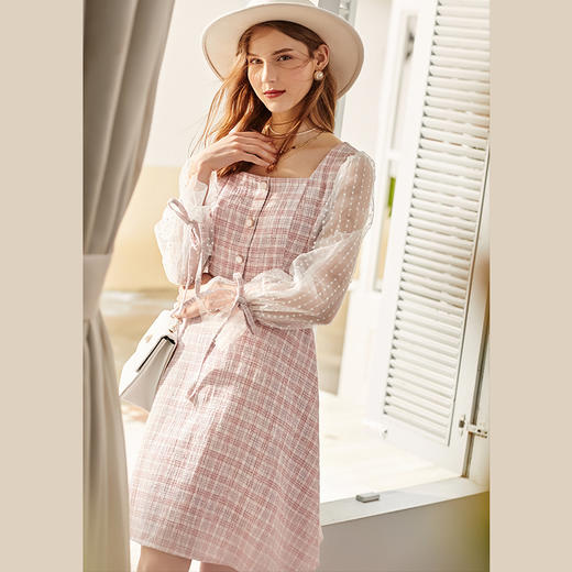 欧芮儿法式优雅网纱拼接格子连衣裙女方领中长裙女 商品图1