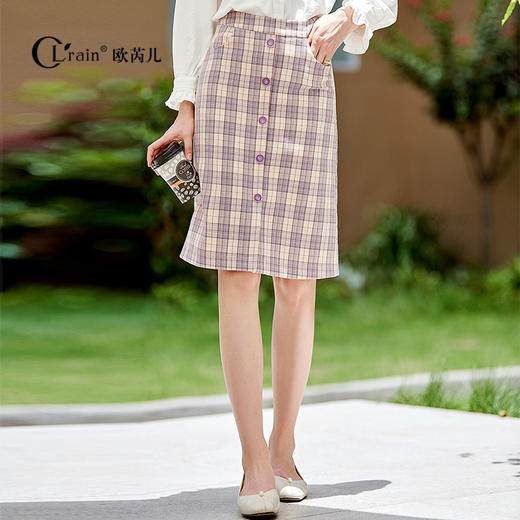 欧芮儿复古优雅格子半身裙女新品高腰显瘦中长款A字裙女 商品图0