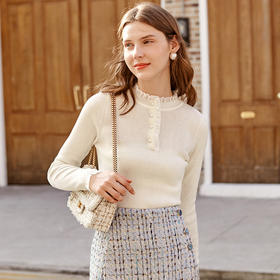 【最后一天】欧芮儿精致珍珠扣套头针织衫女冬季新款半高领修身打底衫内搭