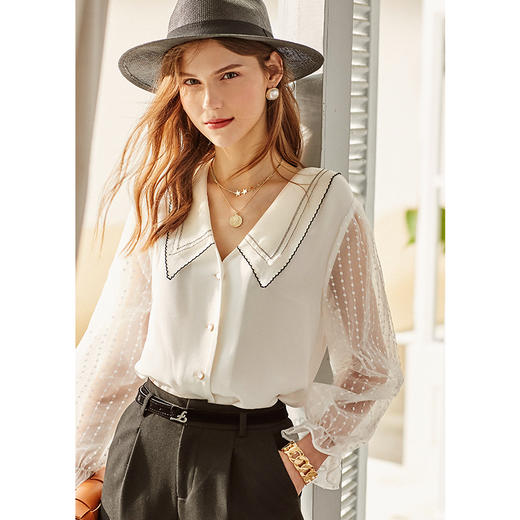 欧芮儿娃娃领网纱长袖雪纺衬衫女新款设计感小众上衣港风 商品图1