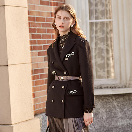 OLrain欧芮儿法式黑色双面呢毛呢外套女秋冬短款羊毛大衣 商品图3