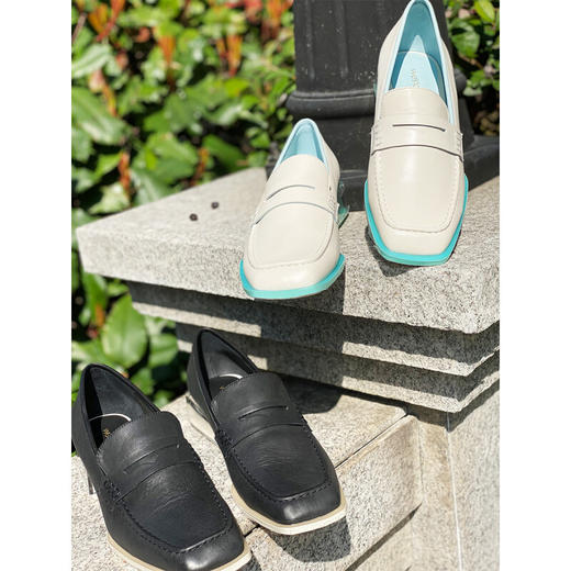 westory商场同款2020中性休闲方头粗跟乐福鞋个性潮味真皮单鞋女W20AM51631 商品图0