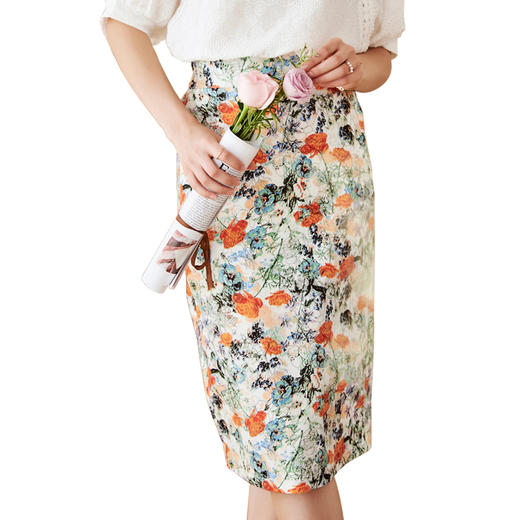 欧芮儿印花半身裙中长款女高腰显瘦新款后开叉a字包臀裙 商品图3