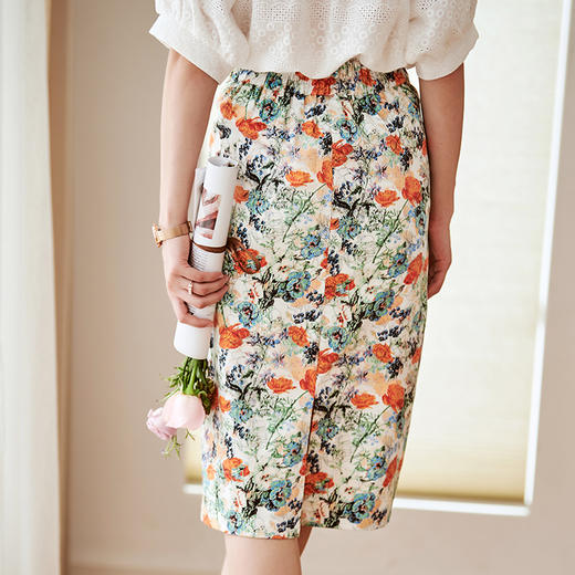 欧芮儿印花半身裙中长款女高腰显瘦新款后开叉a字包臀裙 商品图1