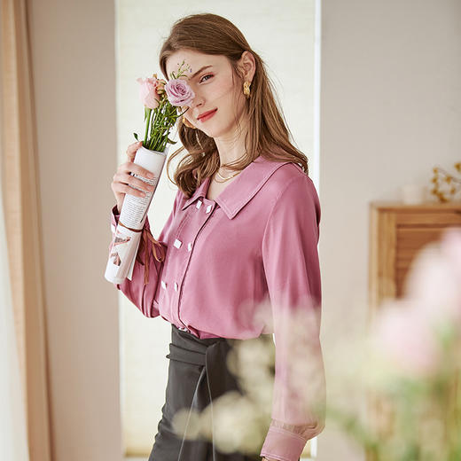 欧芮儿长袖衬衫女新款韩版百搭玫红色衬衣设计感小众上衣 商品图3