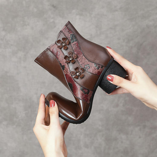 MLD-89518女靴粗跟侧拉链头层牛皮民族风复古圆头妈妈短靴 商品图3