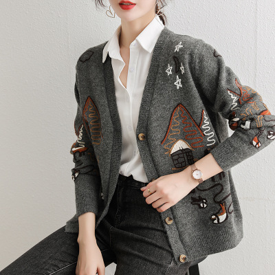 md-3001 刺绣针织开衫女士外搭毛衫2020秋季新款韩版v领休闲短款毛衣