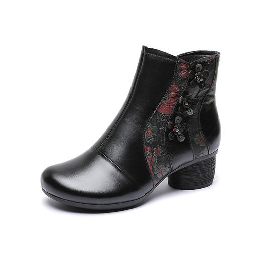 MLD-89518女靴粗跟侧拉链头层牛皮民族风复古圆头妈妈短靴 商品图4