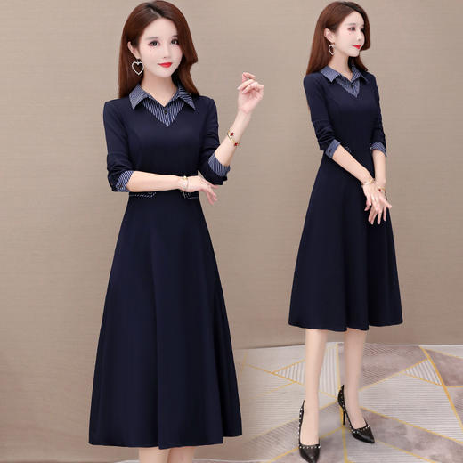 YWE-KED91317衬衣领条纹连衣裙女2020秋新款修身气质减龄长袖中长款过膝a字裙 商品图2