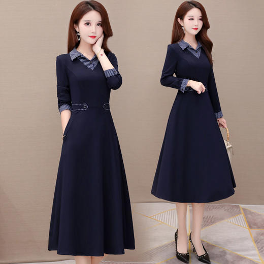 YWE-KED91317衬衣领条纹连衣裙女2020秋新款修身气质减龄长袖中长款过膝a字裙 商品图3