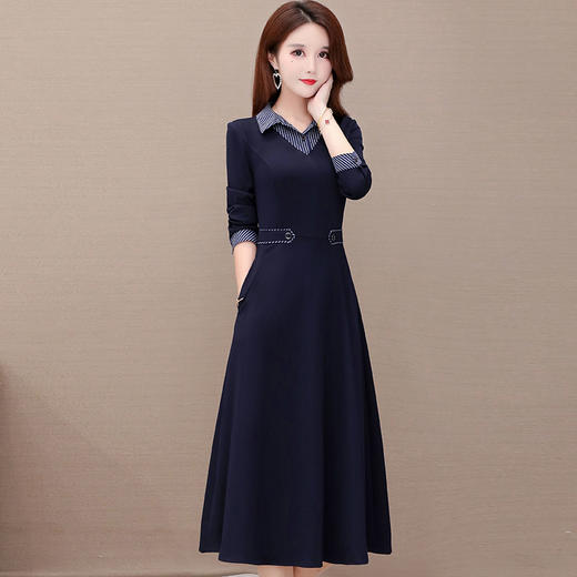 YWE-KED91317衬衣领条纹连衣裙女2020秋新款修身气质减龄长袖中长款过膝a字裙 商品图0