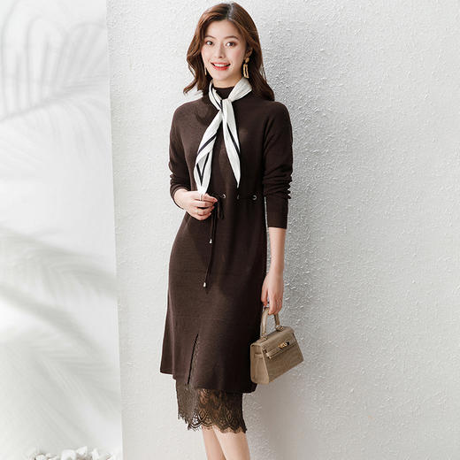 气质名媛，针织收腰拼接重磅蕾丝连衣裙WLZD-2027307 商品图0