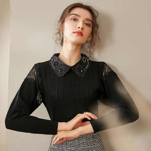 洛诗琳冬季新款钉珠刺绣领毛织打底衫针织衫 商品图1