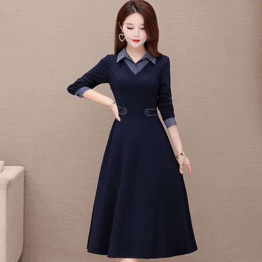 YWE-KED91317衬衣领条纹连衣裙女2020秋新款修身气质减龄长袖中长款过膝a字裙 商品图1
