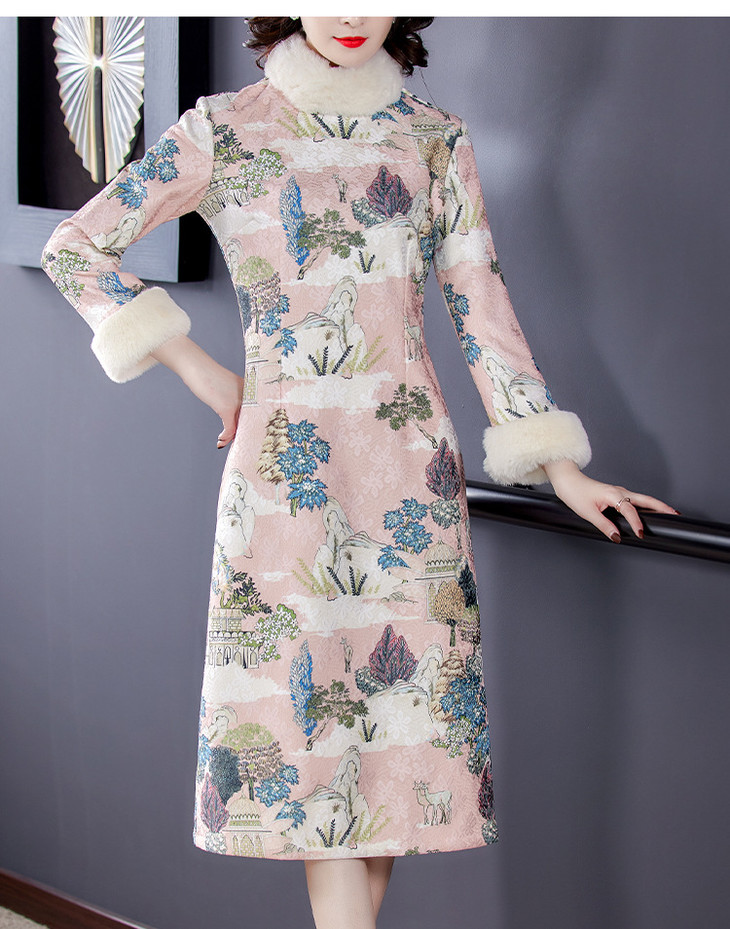 ahm- xmys1936 2020秋冬季旗袍裙加绒加厚保暖长袖兔毛小香风年轻款