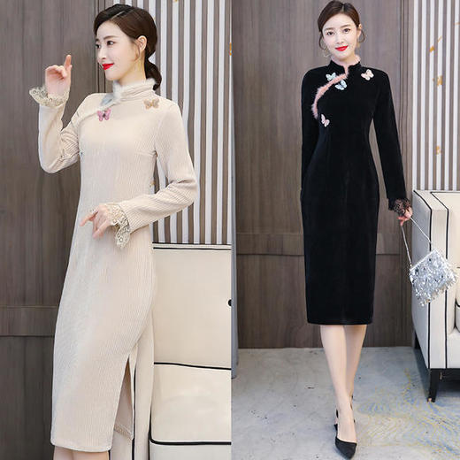 AHM-xysp3078改良版旗袍加厚大码优雅连衣裙 商品图1