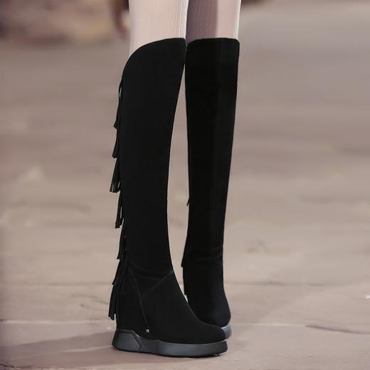 上海旗袍厂DTN-09-10      秋冬新款磨砂真皮圆头坡跟流苏靴侧拉链纯色百搭时尚休闲高筒靴 商品图2