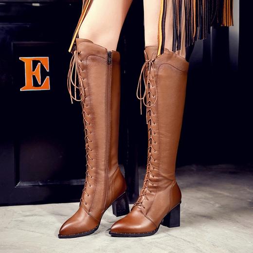 DTN-62-10   秋冬季新款尖头高跟交叉绑带马丁靴前系带纯色真皮个性百搭高筒靴 商品图0