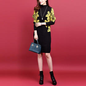 XFFS9099新款时尚气质宽松百搭半高领长袖中长款针织连衣裙