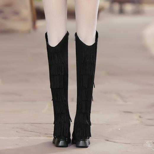 上海旗袍厂DTN-09-10      秋冬新款磨砂真皮圆头坡跟流苏靴侧拉链纯色百搭时尚休闲高筒靴 商品图3