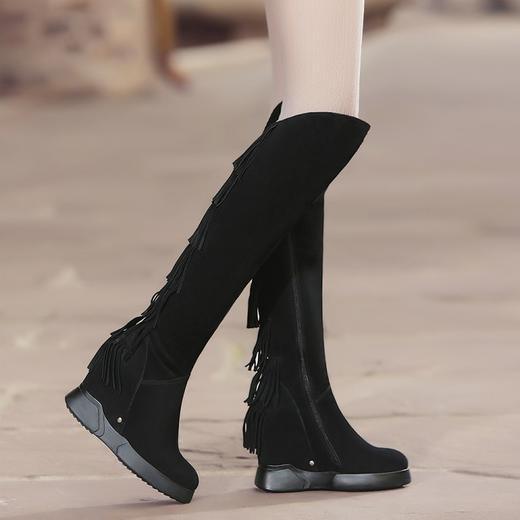 上海旗袍厂DTN-09-10      秋冬新款磨砂真皮圆头坡跟流苏靴侧拉链纯色百搭时尚休闲高筒靴 商品图4