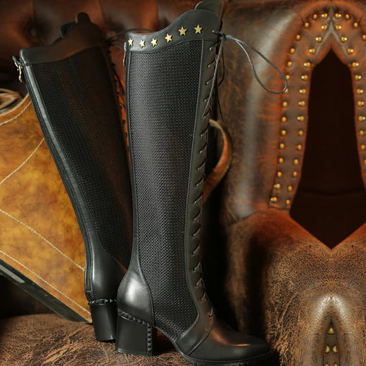 上海旗袍厂DTN-320      秋季新款镂空真皮尖头中跟网面靴前系带交叉绑带铆钉时尚高筒靴 商品图5