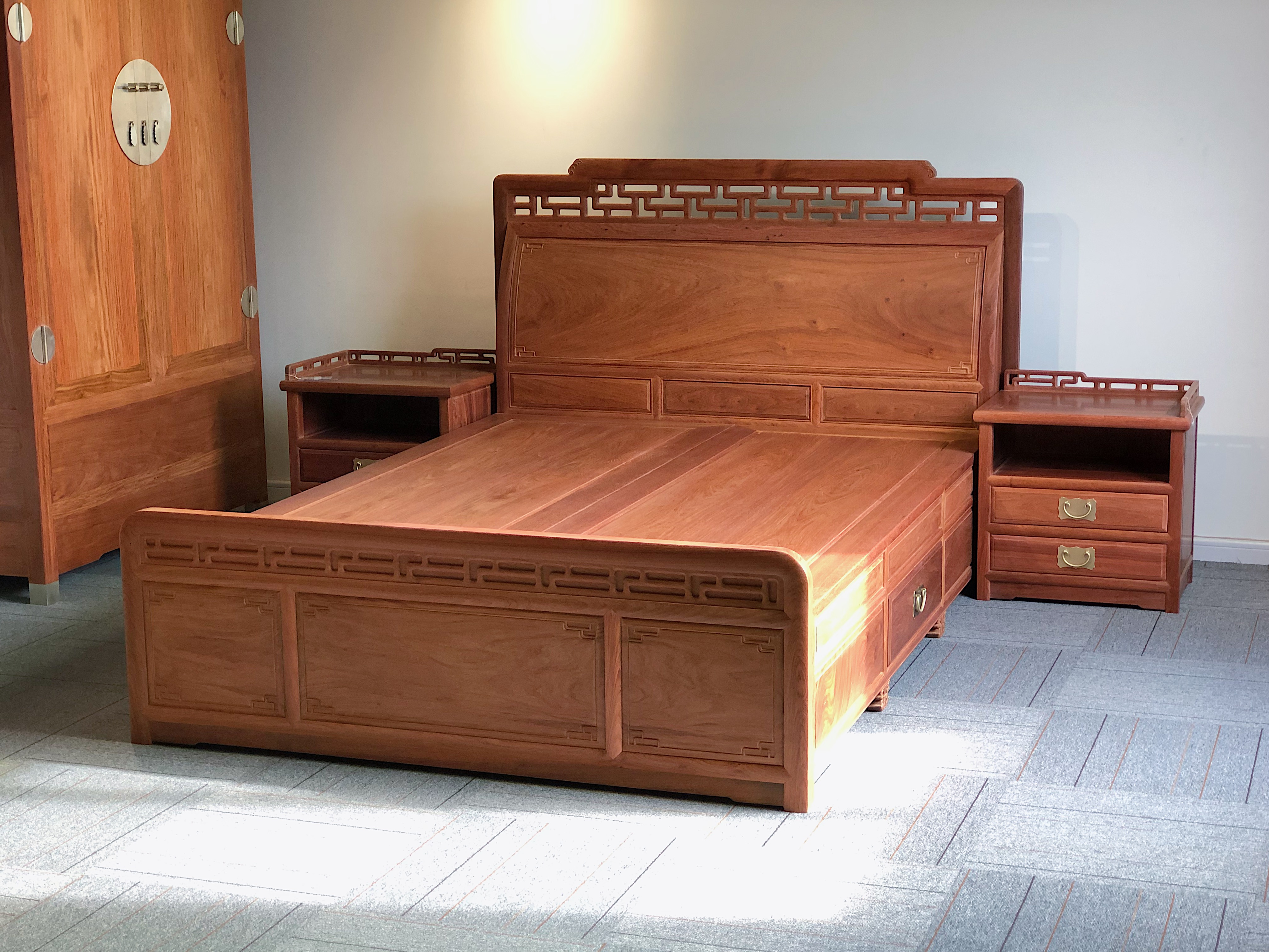 红桥红家具严选缅甸花梨大果紫檀灵犀曲尺高低床