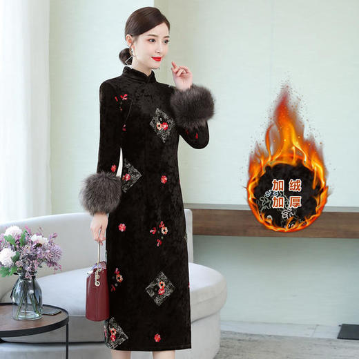 HT-N-B29-2040秋冬新款复古气质优雅修身丝绒旗袍裙 商品图1