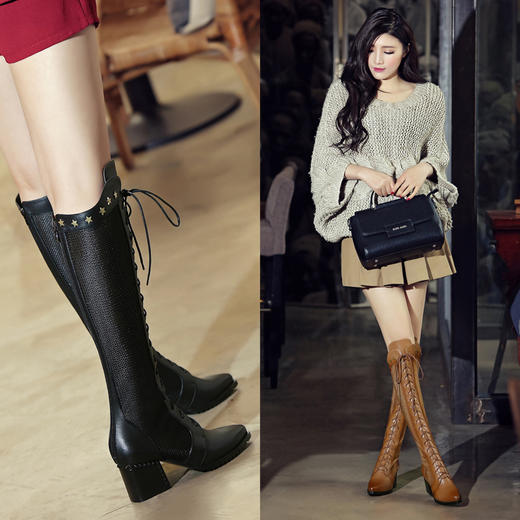 上海旗袍厂DTN-320      秋季新款镂空真皮尖头中跟网面靴前系带交叉绑带铆钉时尚高筒靴 商品图1