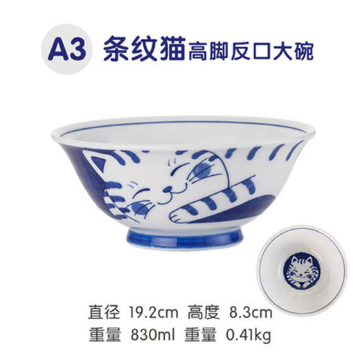 青花猫条纹猫咪轻量面碗19cm 商品图0