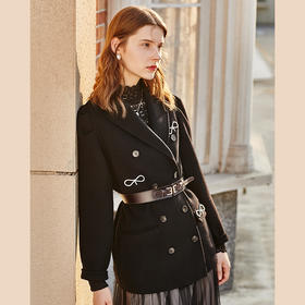 OLrain欧芮儿法式黑色双面呢毛呢外套女秋冬短款羊毛大衣