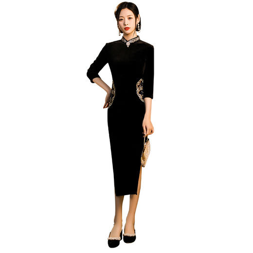 秋冬新款绣花中长款丝绒旗袍，复古改良中国风旗袍礼服 YG-0097 商品图4