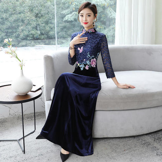 HT9256新款时尚优雅气质修身立领加绒加厚丝绒印花连衣裙 商品图3