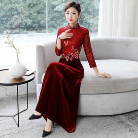 HT9256新款时尚优雅气质修身立领加绒加厚丝绒印花连衣裙