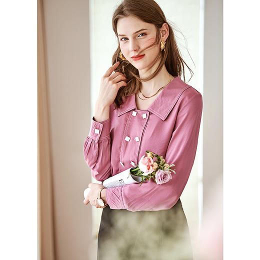 欧芮儿长袖衬衫女新款韩版百搭玫红色衬衣设计感小众上衣 商品图0