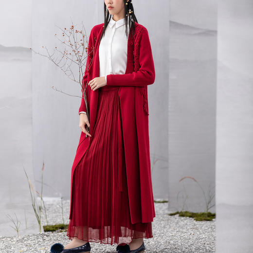 【林栖设计小店】秋冬新款汉服交襟中长款针织毛衣外套女手工钩花开衫 商品图2