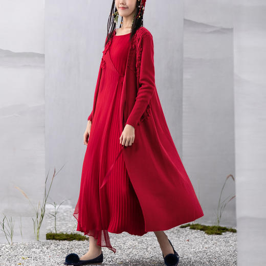 【林栖设计小店】秋冬新款汉服交襟中长款针织毛衣外套女手工钩花开衫 商品图0