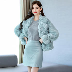 LJY-LT9731-1022长袖气质时尚毛绒外套皮裙两件套裙套装