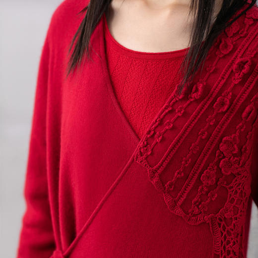 【林栖设计小店】秋冬新款汉服交襟中长款针织毛衣外套女手工钩花开衫 商品图4